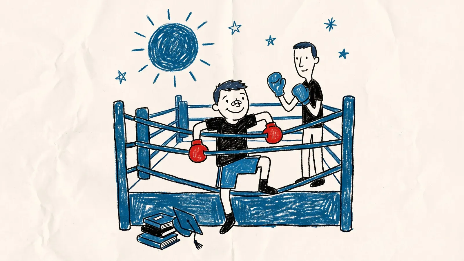 Dibujo infantil con crayones: un joven sonriente con camiseta negra, una curita en la nariz y guantes de boxeo rojos pasa entre las cuerdas de un ring azul; dentro lo espera su entrenador con los guantes en alto. Abajo, junto al ring, quedaron unos libros y un birrete de graduación, bajo un sol azul y estrellas.
