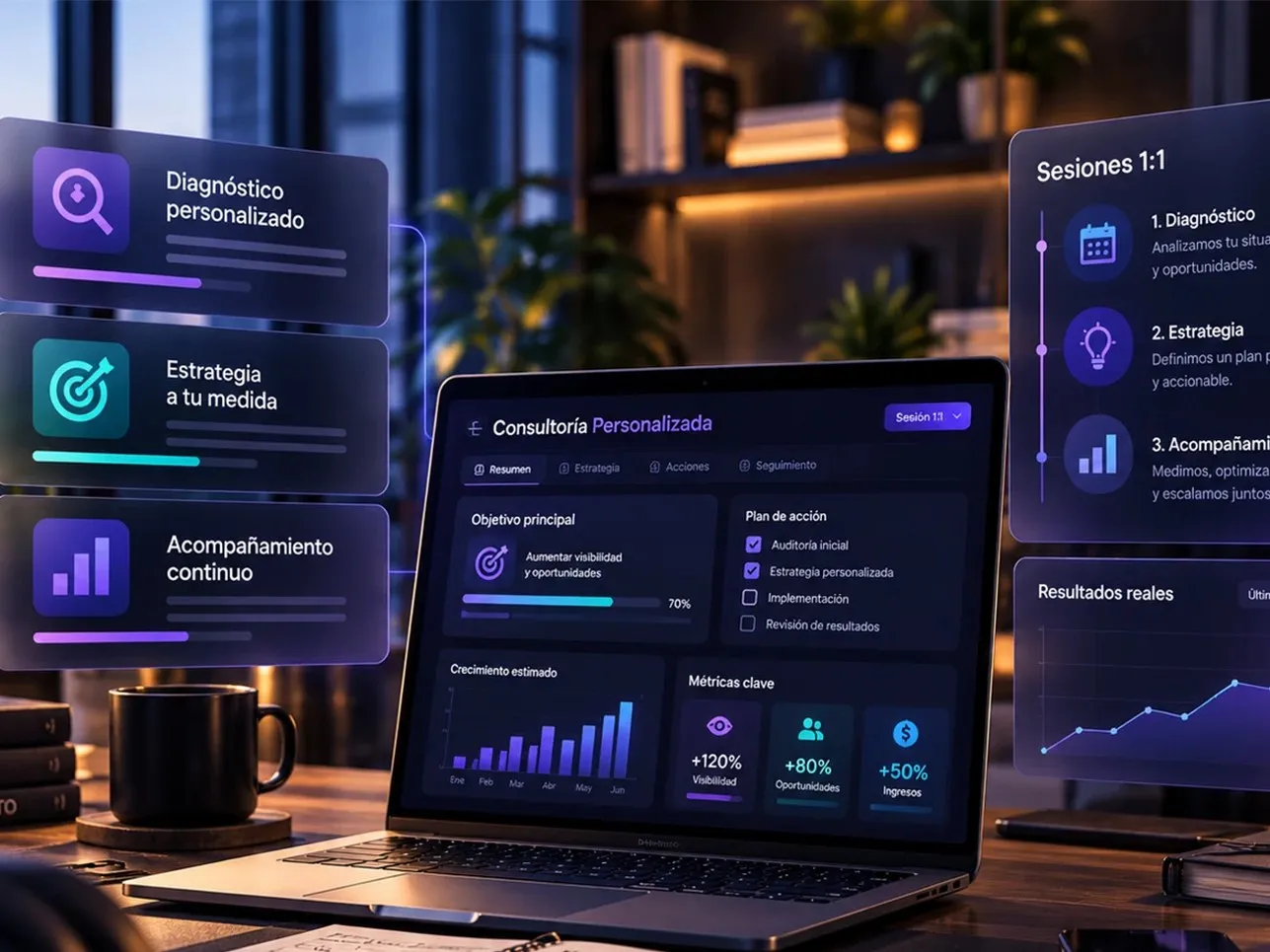 Escritorio con un portátil que muestra un plan de consultoría personalizada: diagnóstico, estrategia y acompañamiento