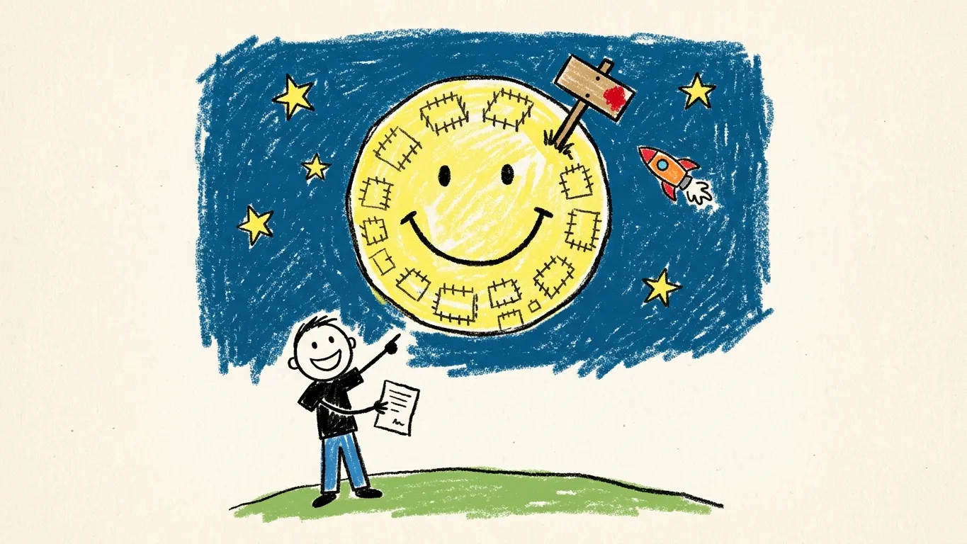 Dibujo infantil con crayones: una Luna amarilla y sonriente, llena de parcelas cercadas y con un cartel de venta, en un cielo azul con estrellas y un cohete; abajo, un hombre sonriente con camiseta negra la señala sosteniendo un título de propiedad.