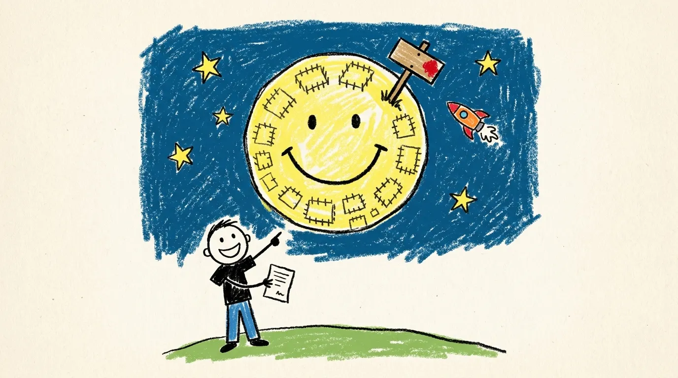 Dibujo infantil con crayones: una Luna amarilla y sonriente, llena de parcelas cercadas y con un cartel de venta, en un cielo azul con estrellas y un cohete; abajo, un hombre sonriente con camiseta negra la señala sosteniendo un título de propiedad.