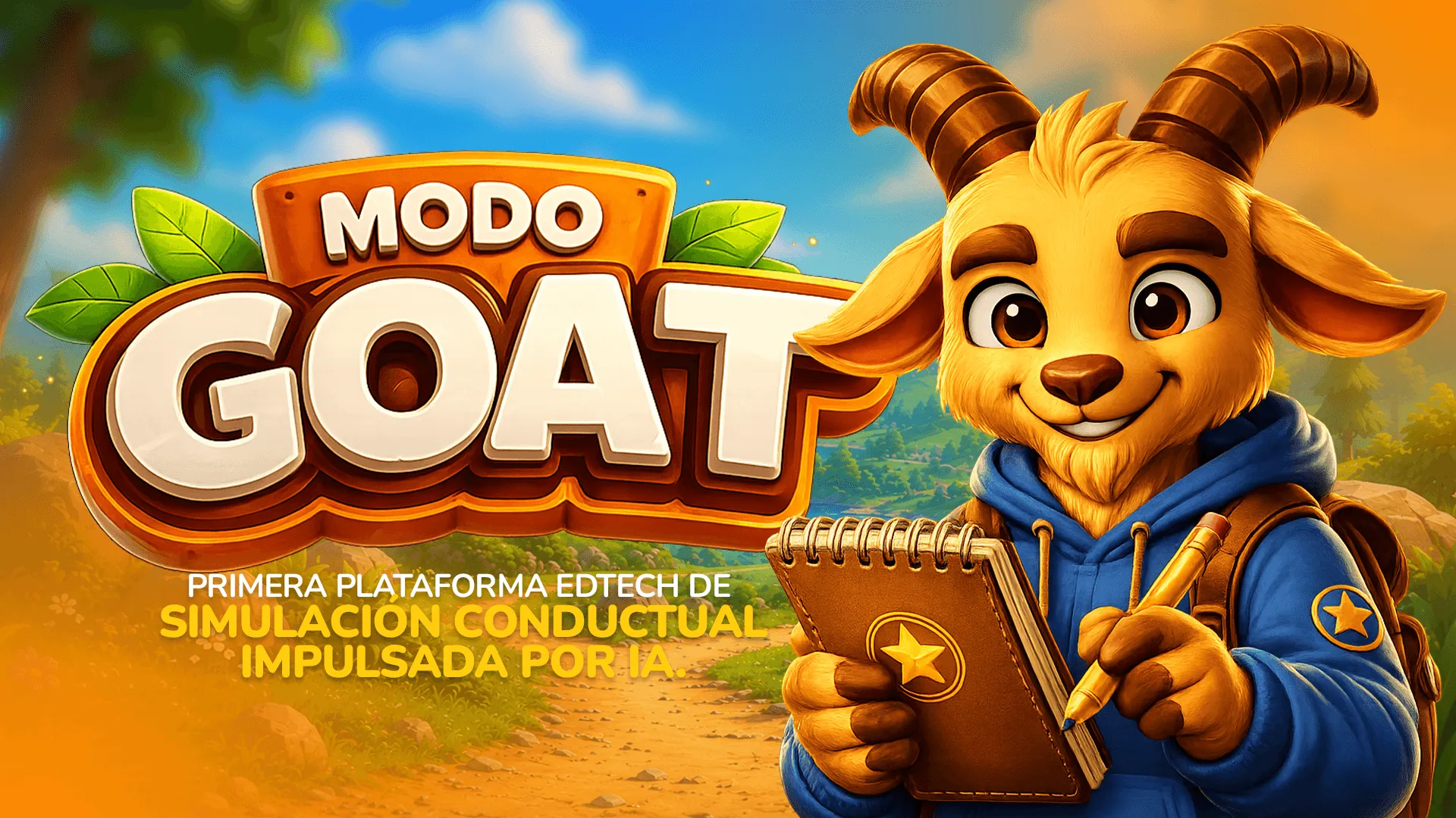 Modo GOAT, plataforma edtech de simulación conductual impulsada por IA, con su mascota, una cabra con cuaderno